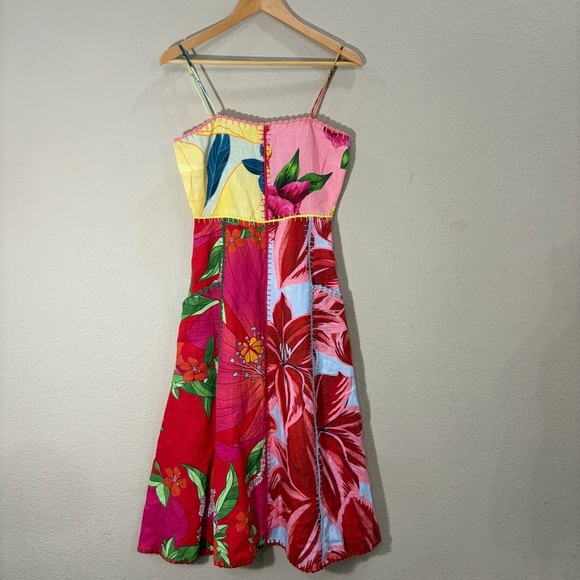 Farm Rio Mixed Garden Dress Floral Patch Linen Midi Sz XS Boho Beachy Wedding - Picture 2 of 14